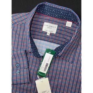 Construct Men XL Slim Fit 4-Way Stretch Houndstooth Check Dress Shirt Navy Red‎